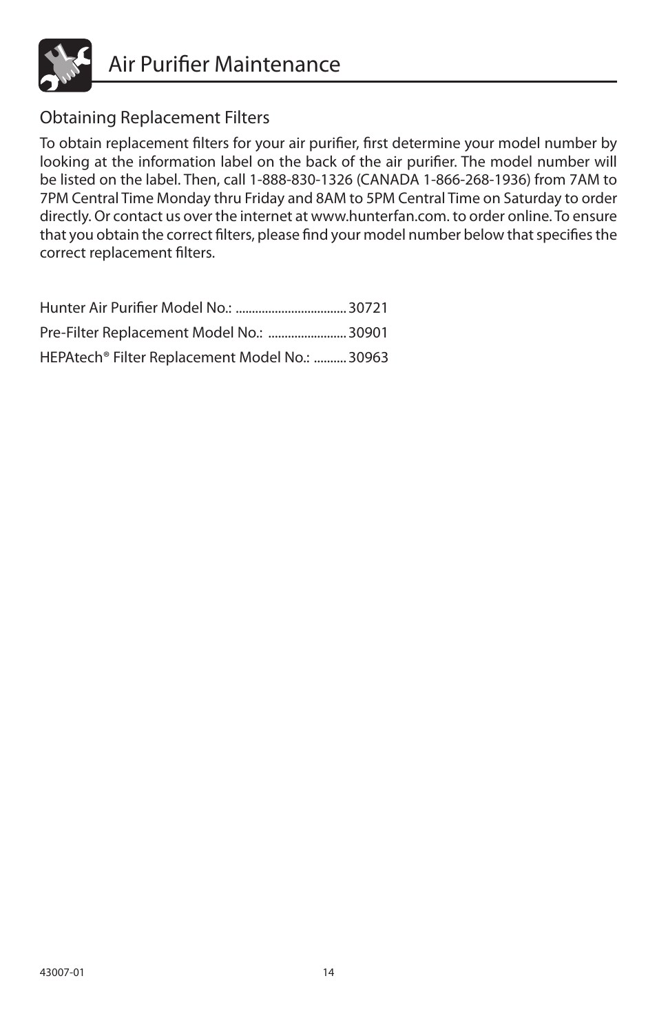 Air purifier maintenance, Obtaining replacement filters | Hunter Fan 30721 User Manual | Page 14 / 36