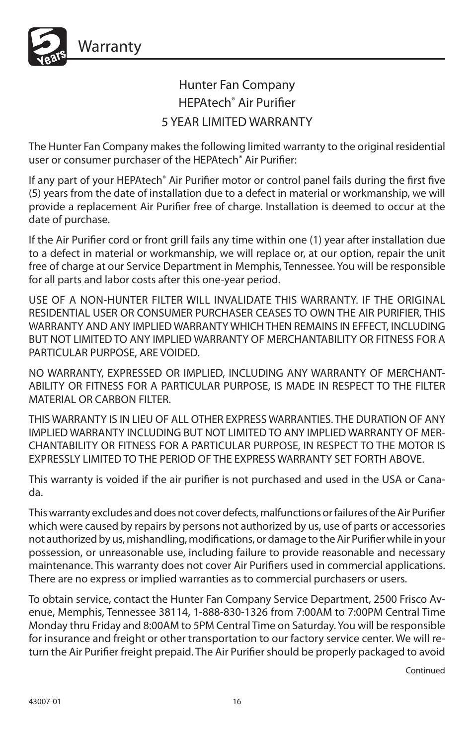 Warranty, Hunter fan company hepatech, Air purifier 5 year limited warranty | Hunter Fan 30721 User Manual | Page 16 / 36