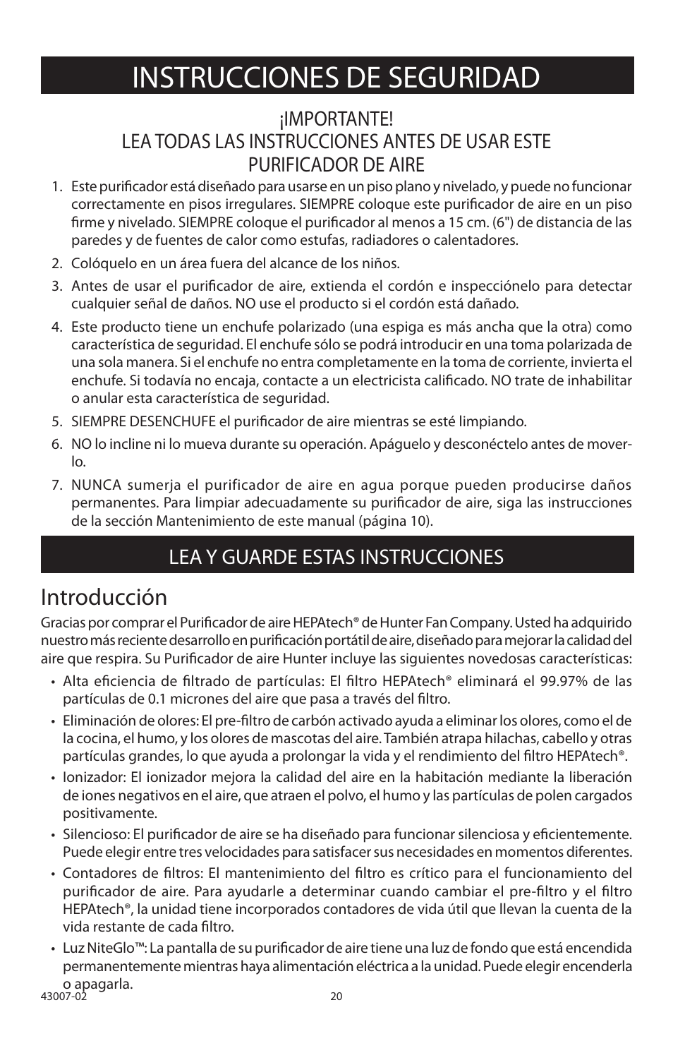 Instrucciones de seguridad, Introducción, Lea y guarde estas instrucciones | Hunter Fan 30721 User Manual | Page 21 / 36