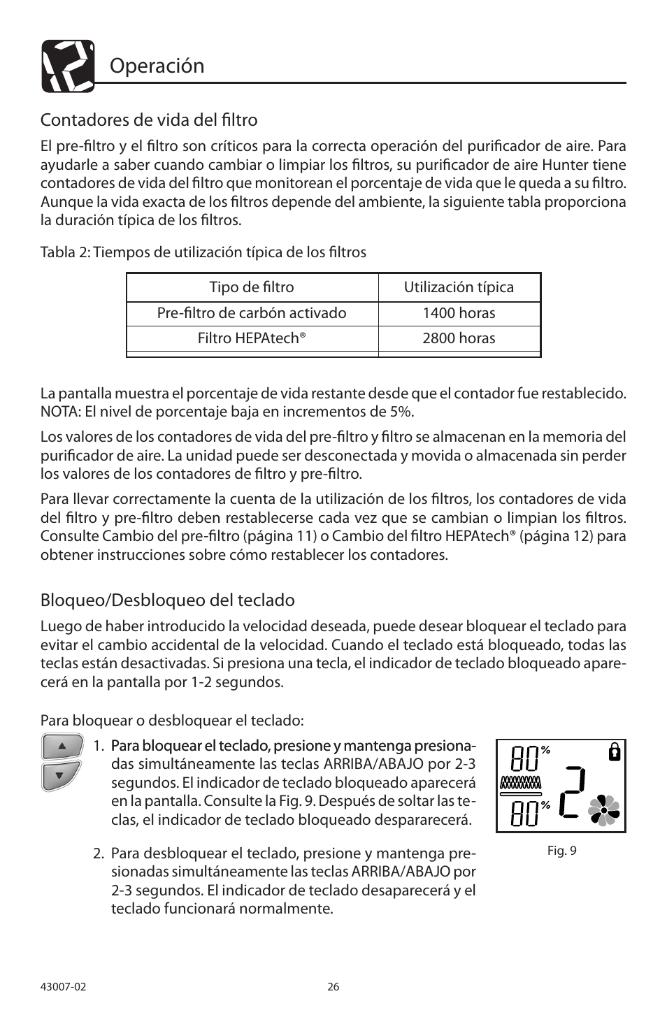 Operación, Contadores de vida del filtro, Bloqueo/desbloqueo del teclado | Hunter Fan 30721 User Manual | Page 27 / 36