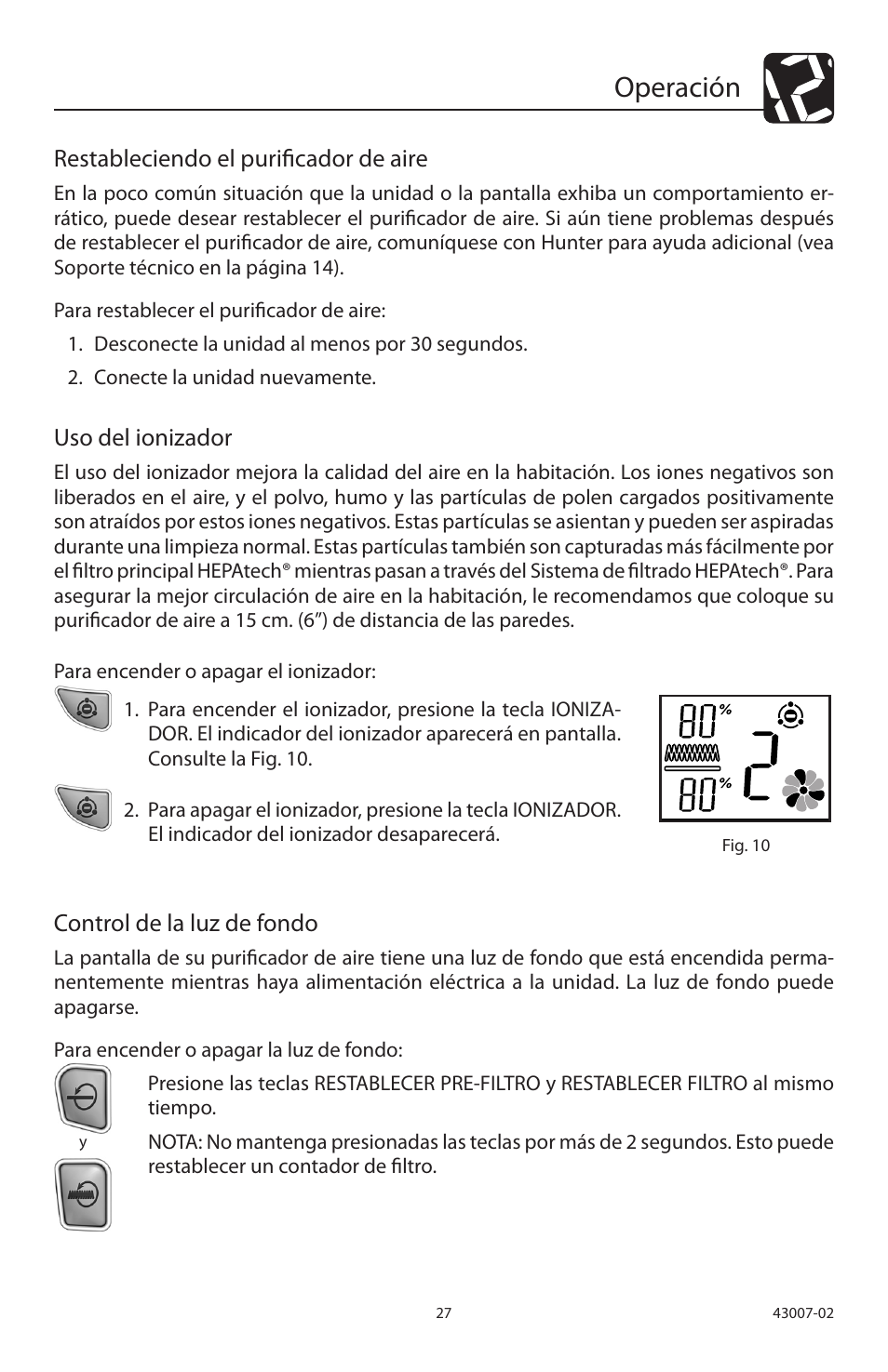 Operación, Restableciendo el purificador de aire, Uso del ionizador | Control de la luz de fondo | Hunter Fan 30721 User Manual | Page 28 / 36