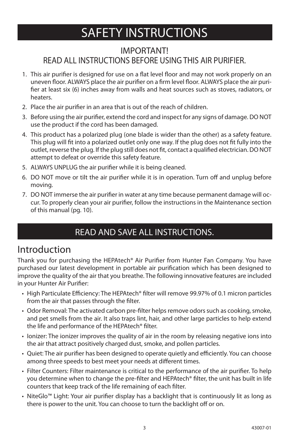 Safety instructions, Introduction, Read and save all instructions | Hunter Fan 30721 User Manual | Page 3 / 36