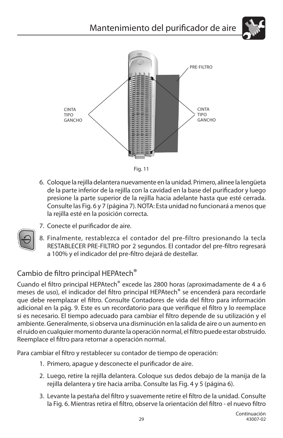 Mantenimiento del purificador de aire, Cambio de filtro principal hepatech | Hunter Fan 30721 User Manual | Page 30 / 36