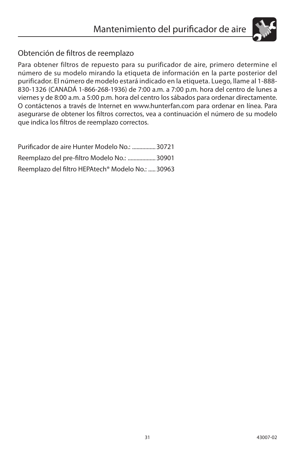Mantenimiento del purificador de aire, Obtención de filtros de reemplazo | Hunter Fan 30721 User Manual | Page 32 / 36