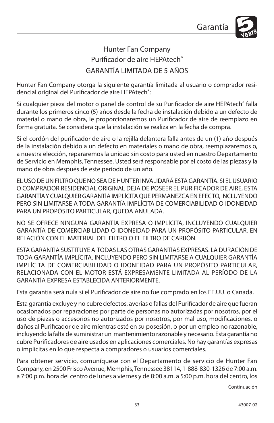 Garantía, Hunter fan company purificador de aire hepatech, Garantía limitada de 5 años | Hunter Fan 30721 User Manual | Page 34 / 36