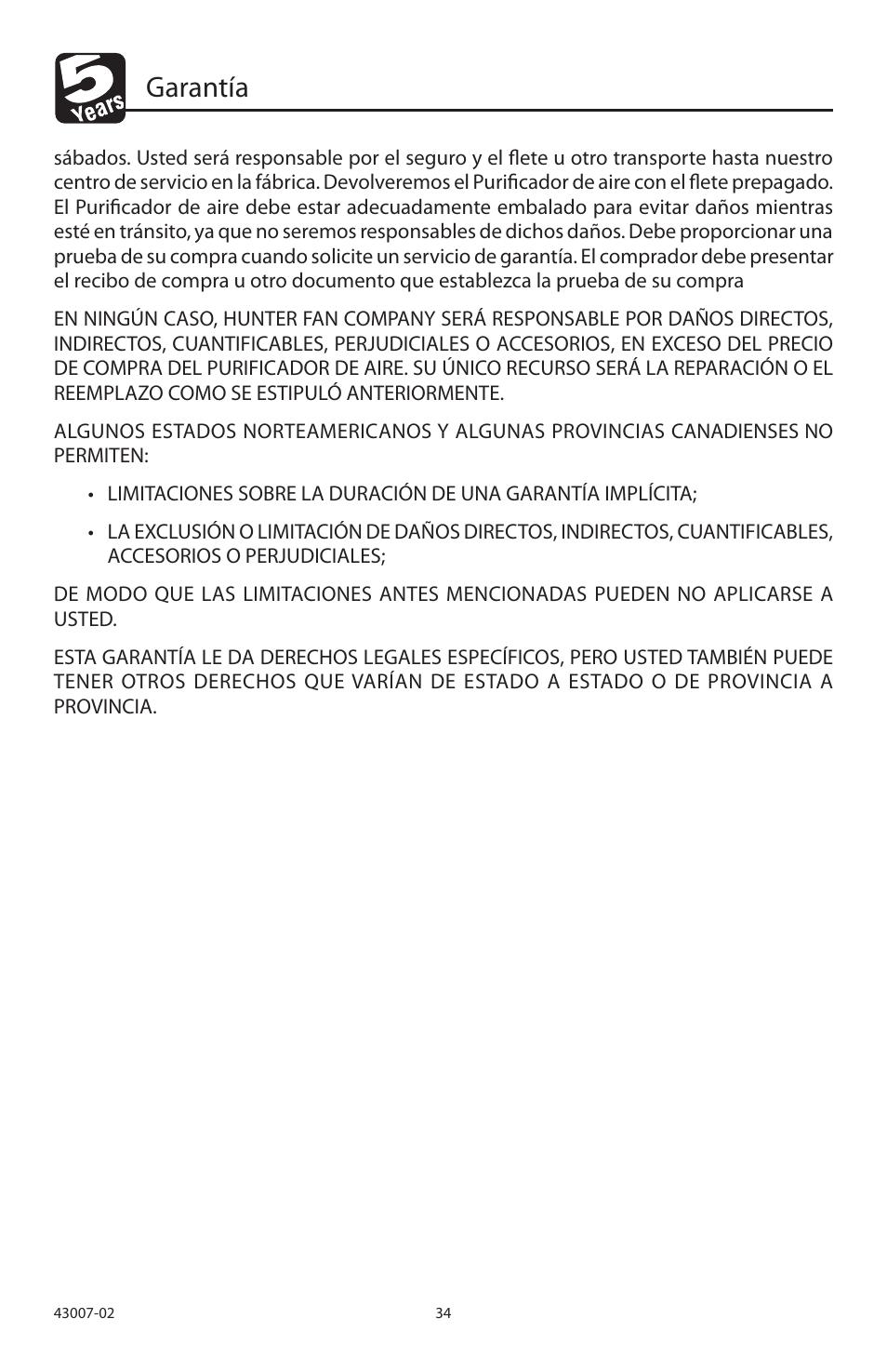 Garantía | Hunter Fan 30721 User Manual | Page 35 / 36