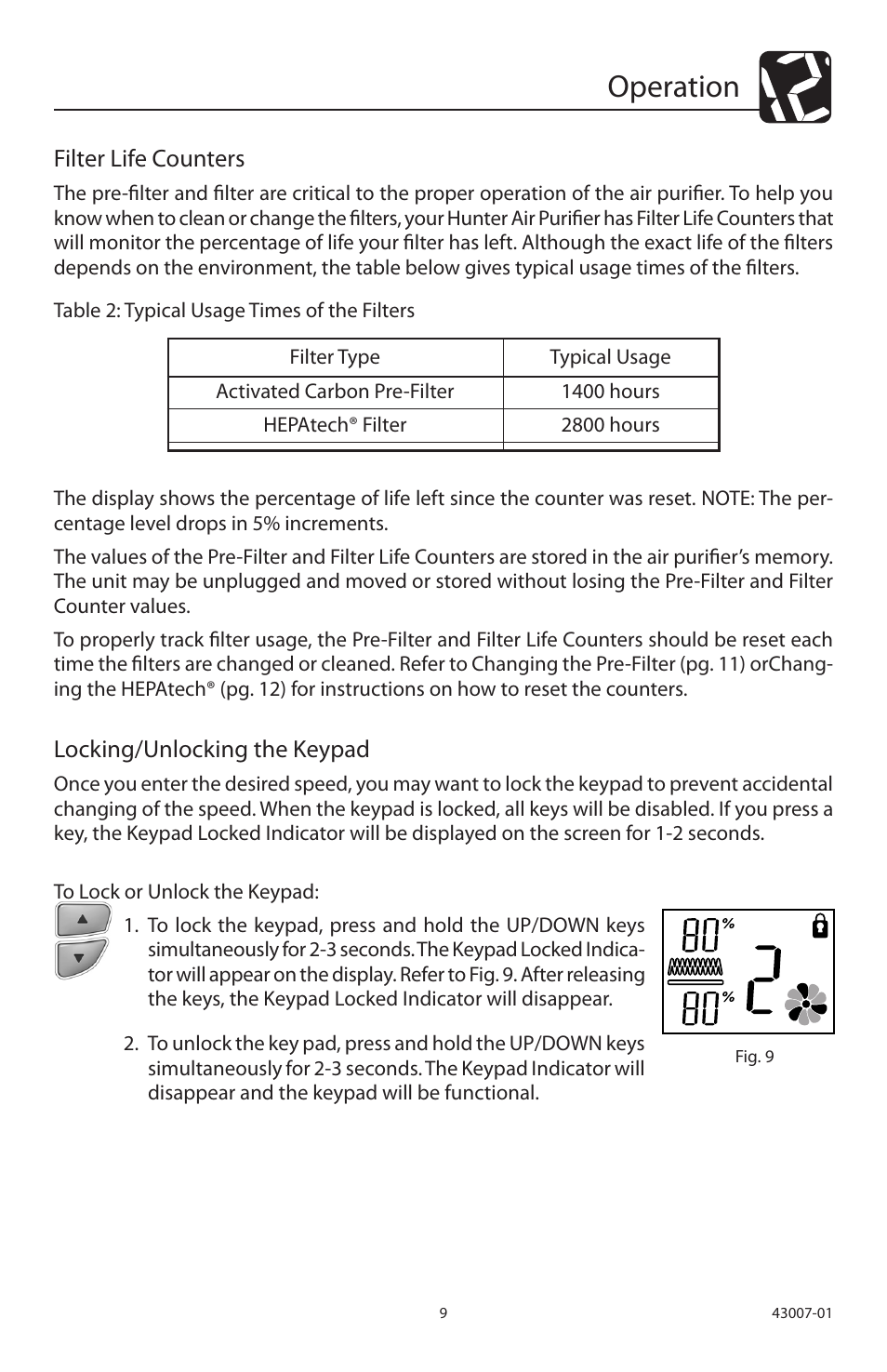 Operation, Filter life counters, Locking/unlocking the keypad | Hunter Fan 30721 User Manual | Page 9 / 36