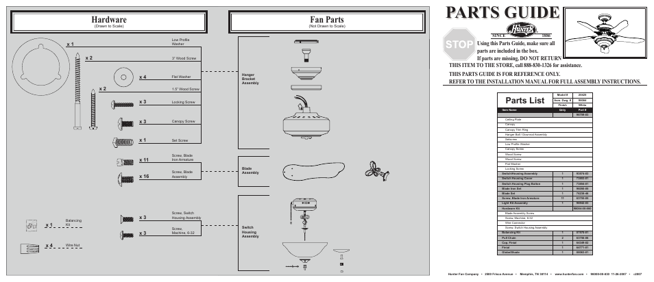 Hunter Fan 20425 User Manual | 2 pages