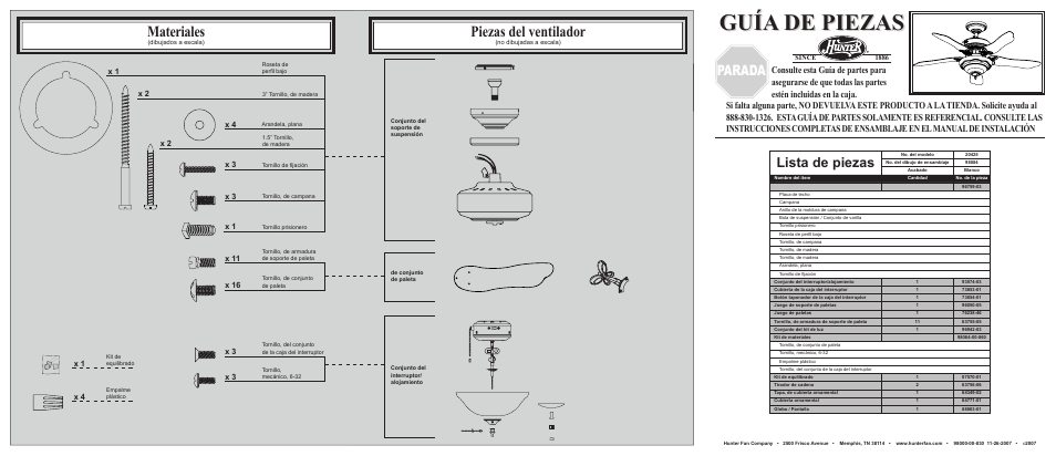 Guía de piezas, Materiales, Piezas del ventilador | Parada, Lista de piezas | Hunter Fan 20425 User Manual | Page 2 / 2