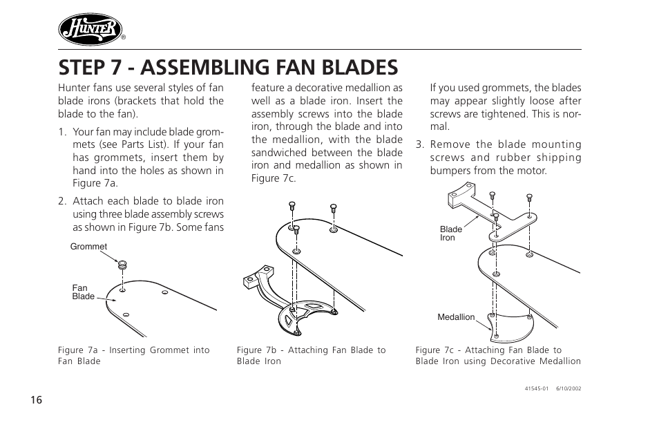 Step 7 - assembling fan blades | Hunter Fan 41545 User Manual | Page 16 / 25