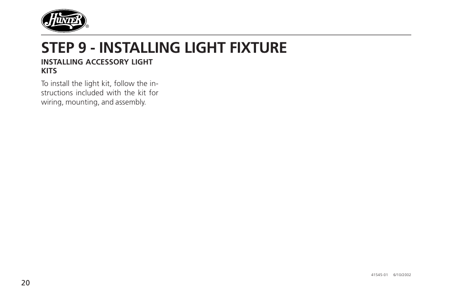 Step 9 - installing light fixture | Hunter Fan 41545 User Manual | Page 20 / 25