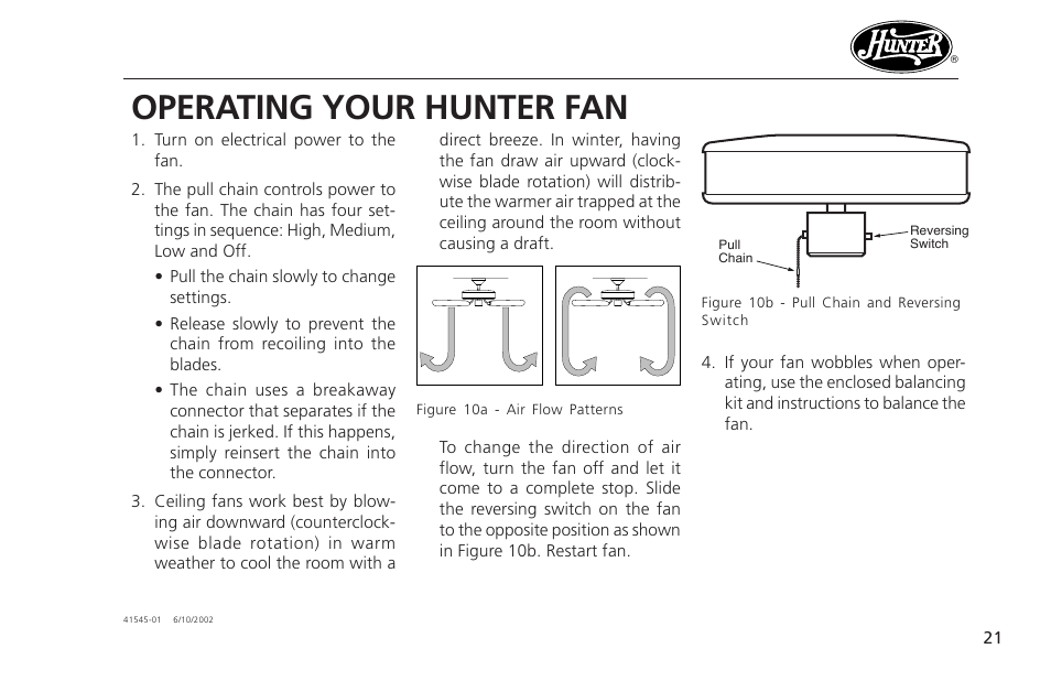 Operating your hunter fan | Hunter Fan 41545 User Manual | Page 21 / 25