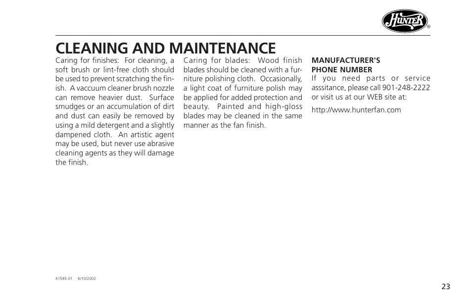 Cleaning and maintenance | Hunter Fan 41545 User Manual | Page 23 / 25