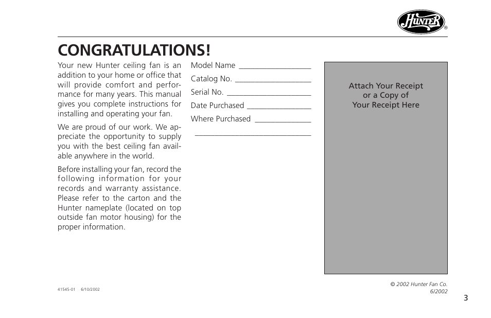 Congratulations | Hunter Fan 41545 User Manual | Page 3 / 25