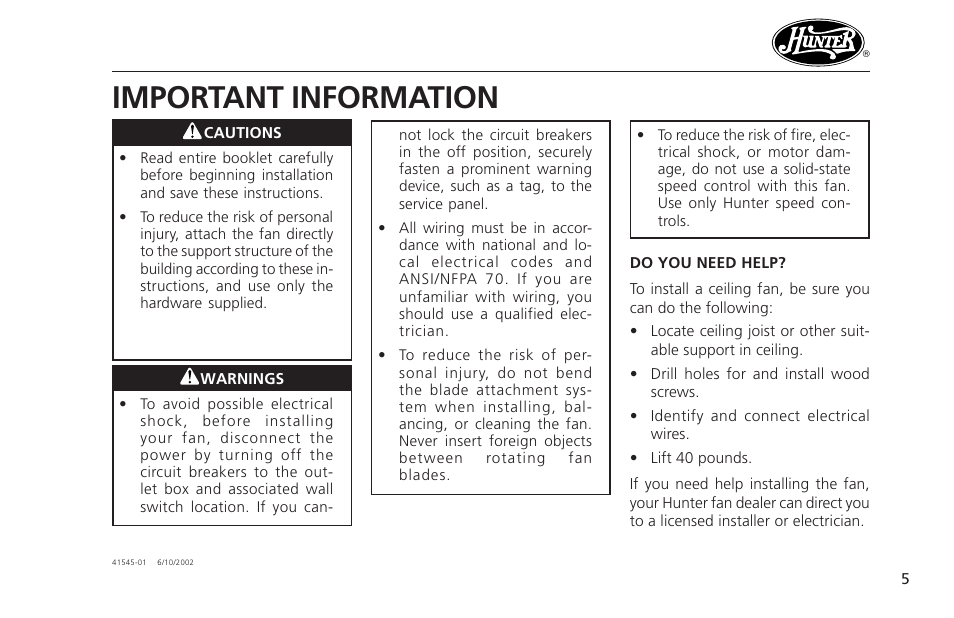 Important information | Hunter Fan 41545 User Manual | Page 5 / 25