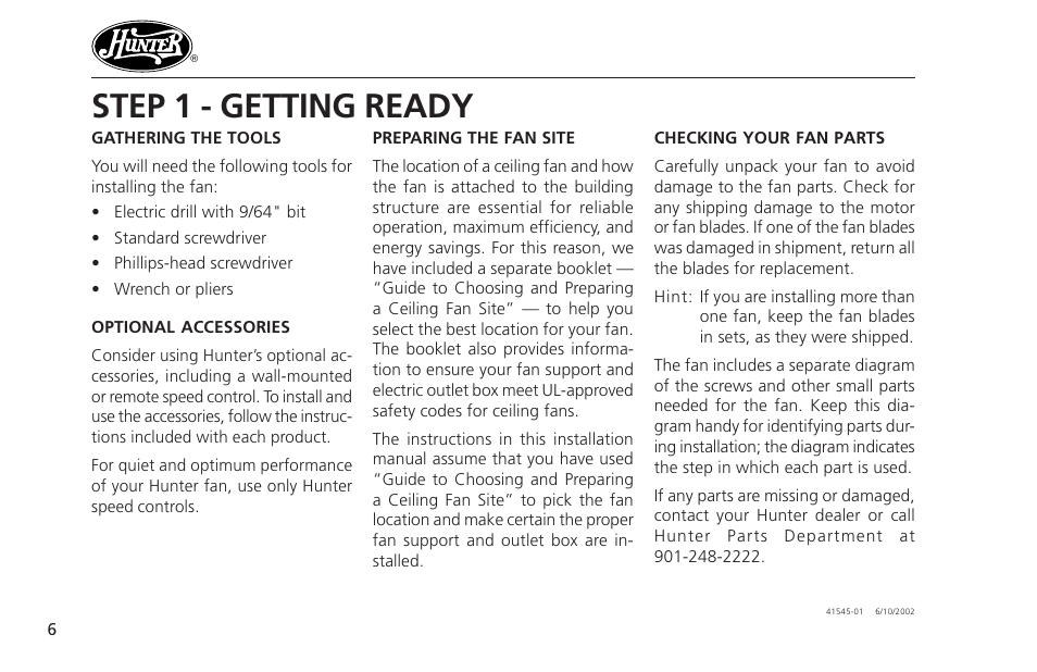 Step 1 - getting ready | Hunter Fan 41545 User Manual | Page 6 / 25