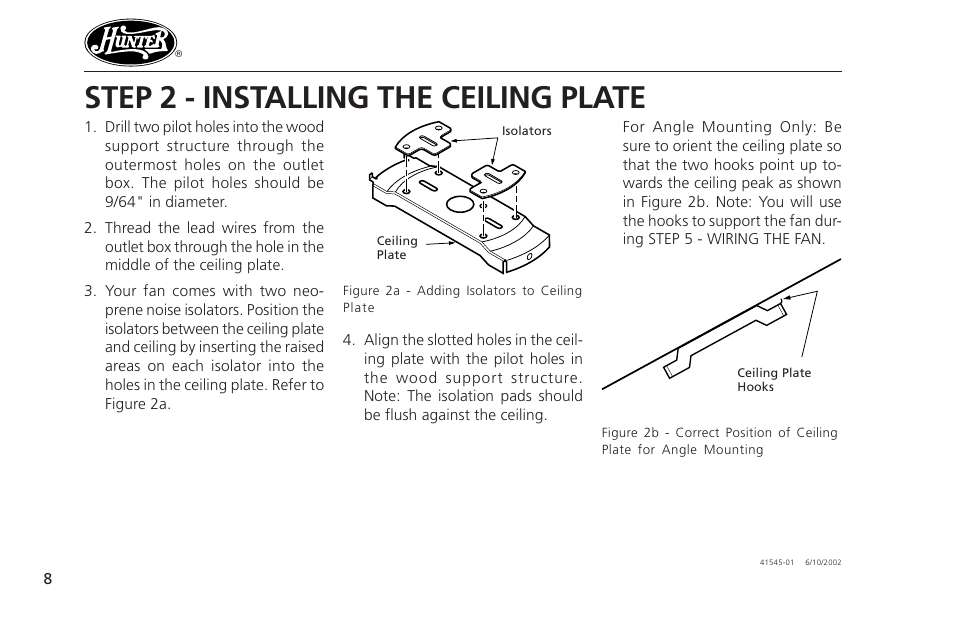 Step 2 - installing the ceiling plate | Hunter Fan 41545 User Manual | Page 8 / 25