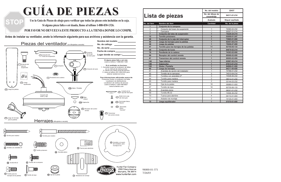 Guía de piezas, Lista de piezas, Herrajes | Piezas del ventilador | Hunter Fan 22437 User Manual | Page 2 / 2