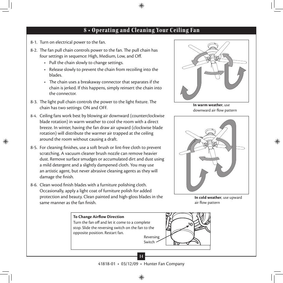 8 • operating and cleaning your ceiling fan | Hunter Fan 41818-01 User Manual | Page 14 / 15