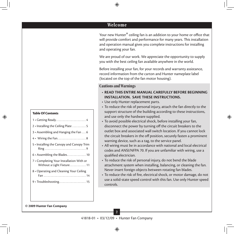 Welcome, Cautions and warnings | Hunter Fan 41818-01 User Manual | Page 2 / 15