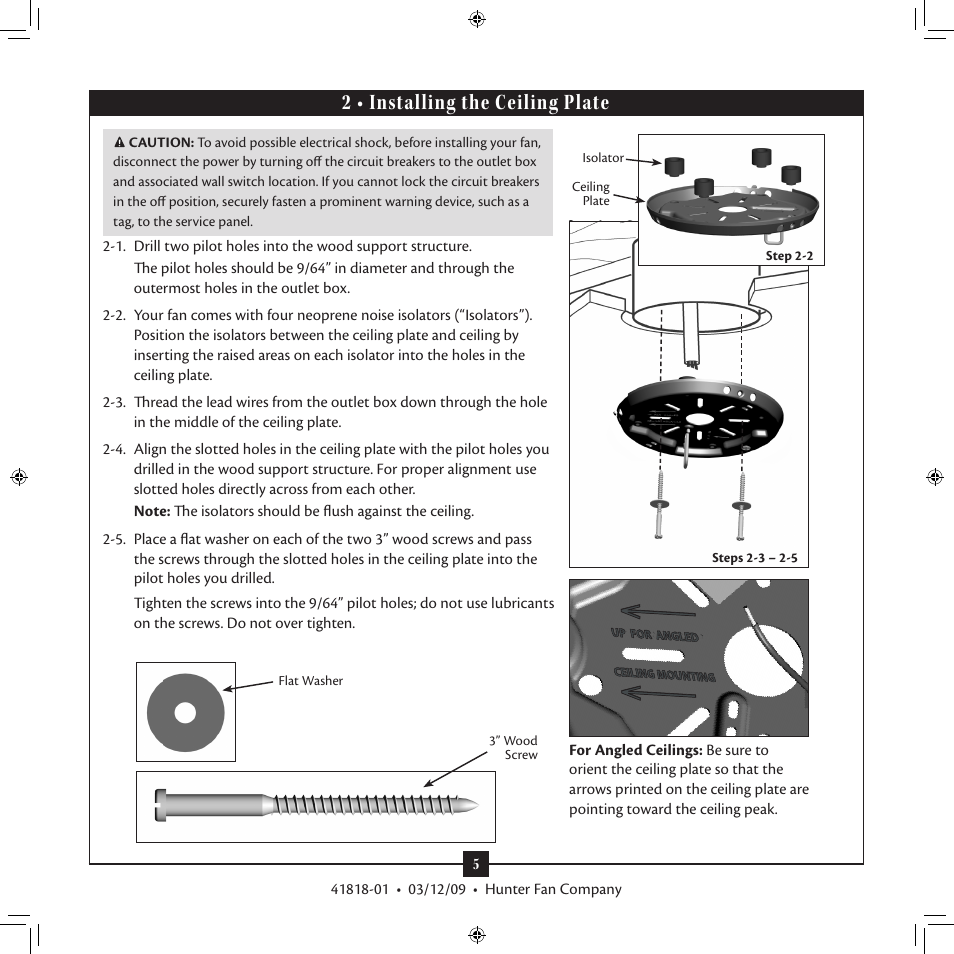 2 • installing the ceiling plate | Hunter Fan 41818-01 User Manual | Page 5 / 15