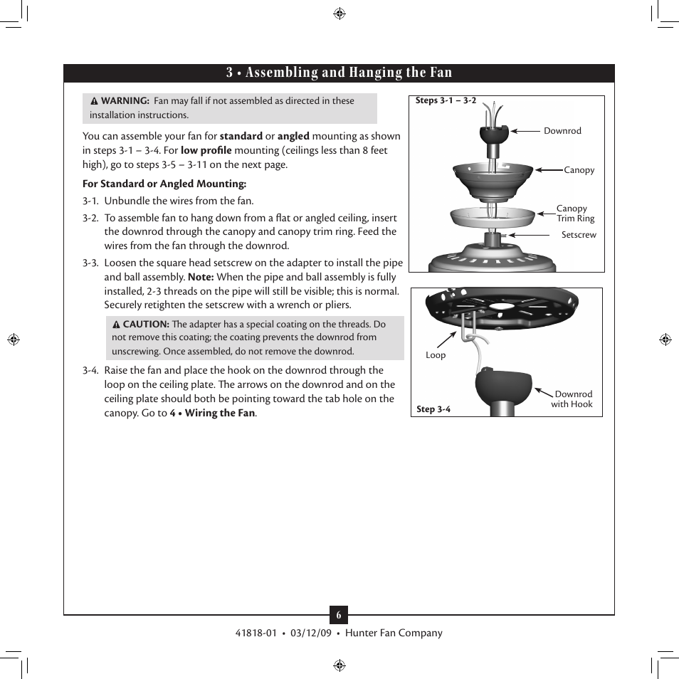 3 • assembling and hanging the fan | Hunter Fan 41818-01 User Manual | Page 6 / 15