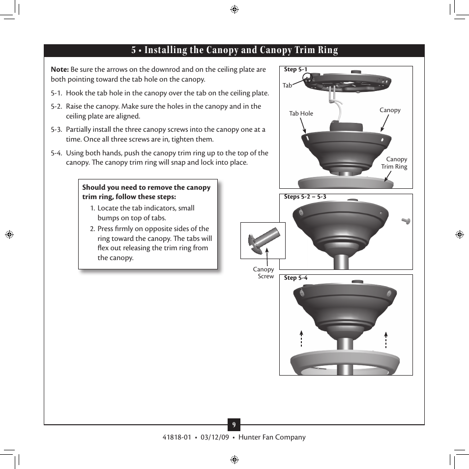 5 • installing the canopy and canopy trim ring | Hunter Fan 41818-01 User Manual | Page 9 / 15