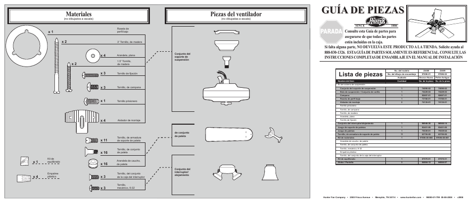 Guía de piezas, Materiales, Piezas del ventilador | Parada, Lista de piezas | Hunter Fan 23489 User Manual | Page 2 / 2