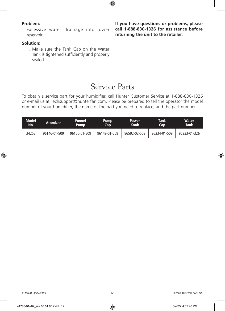 Service parts | Hunter Fan 34257 User Manual | Page 12 / 28