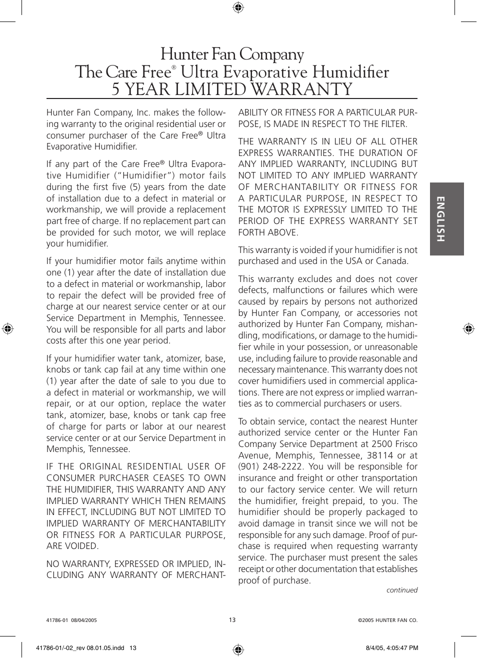 Hunter fan company the care free | Hunter Fan 34257 User Manual | Page 13 / 28