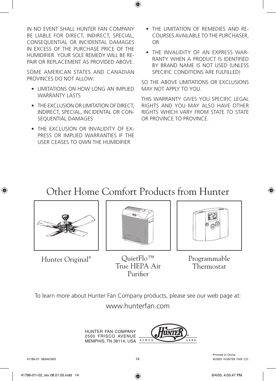 Other home comfort products from hunter, Hunter original | Hunter Fan 34257 User Manual | Page 14 / 28