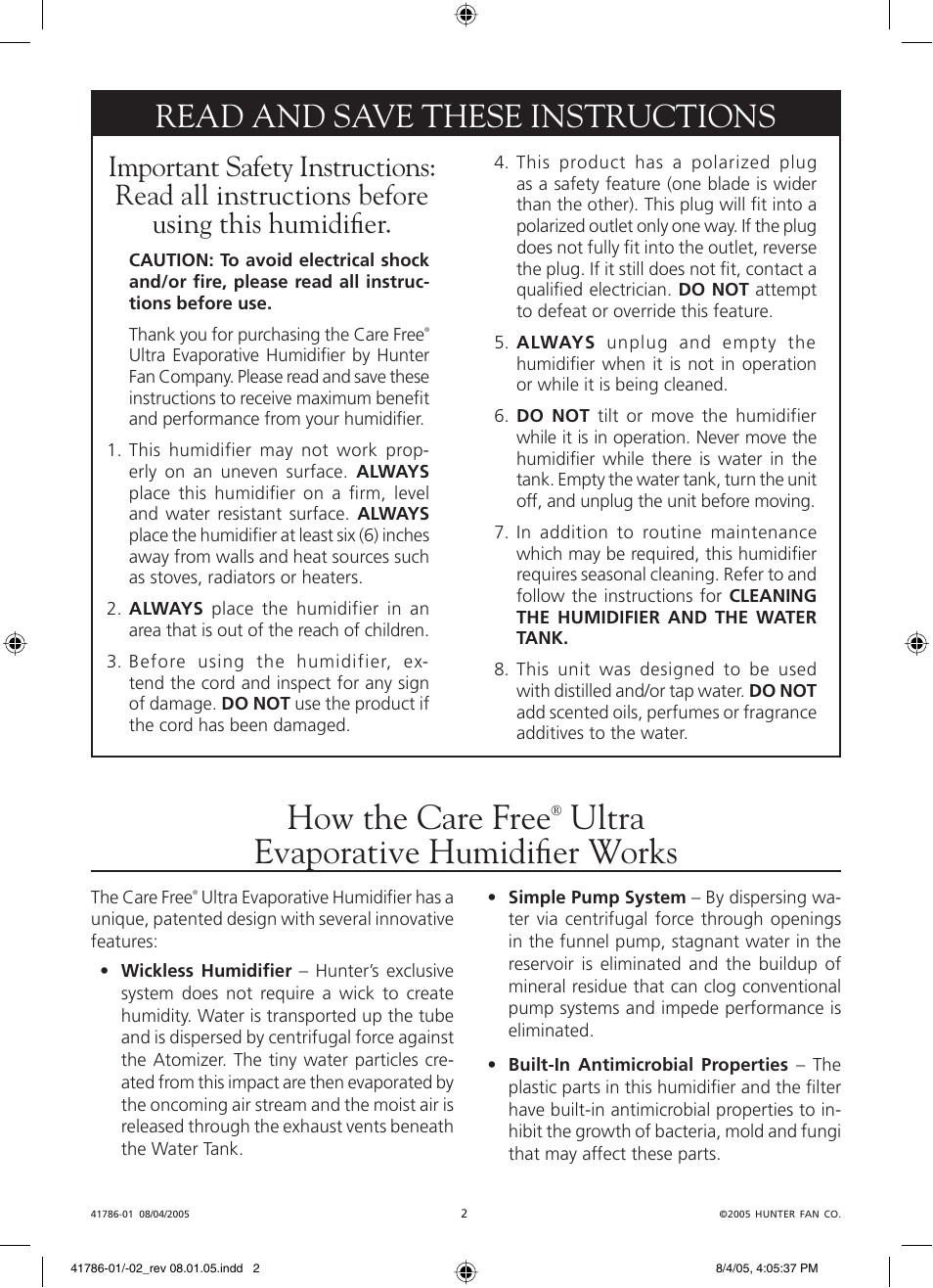 How the care free, Ultra evaporative humidifi er works, Read and save these instructions | Hunter Fan 34257 User Manual | Page 2 / 28