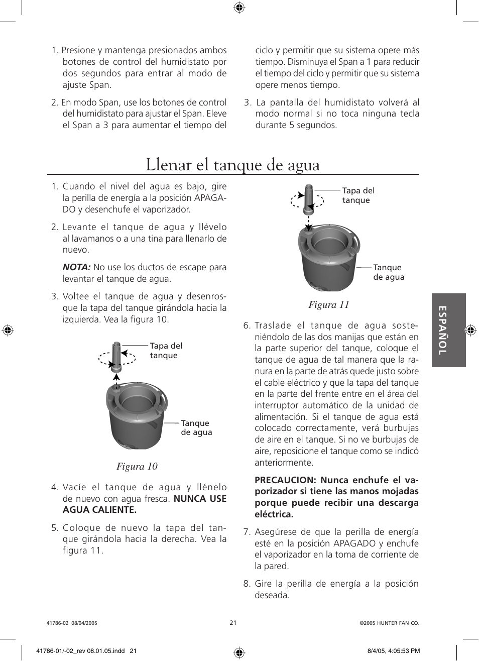 Llenar el tanque de agua | Hunter Fan 34257 User Manual | Page 21 / 28
