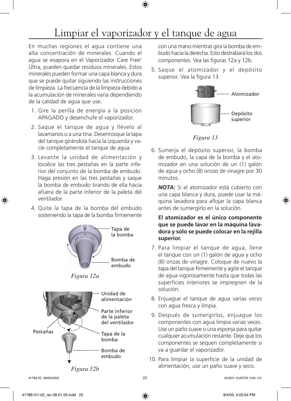Limpiar el vaporizador y el tanque de agua | Hunter Fan 34257 User Manual | Page 22 / 28