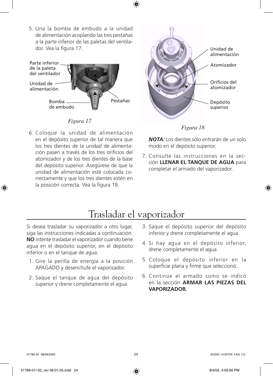 Trasladar el vaporizador | Hunter Fan 34257 User Manual | Page 24 / 28