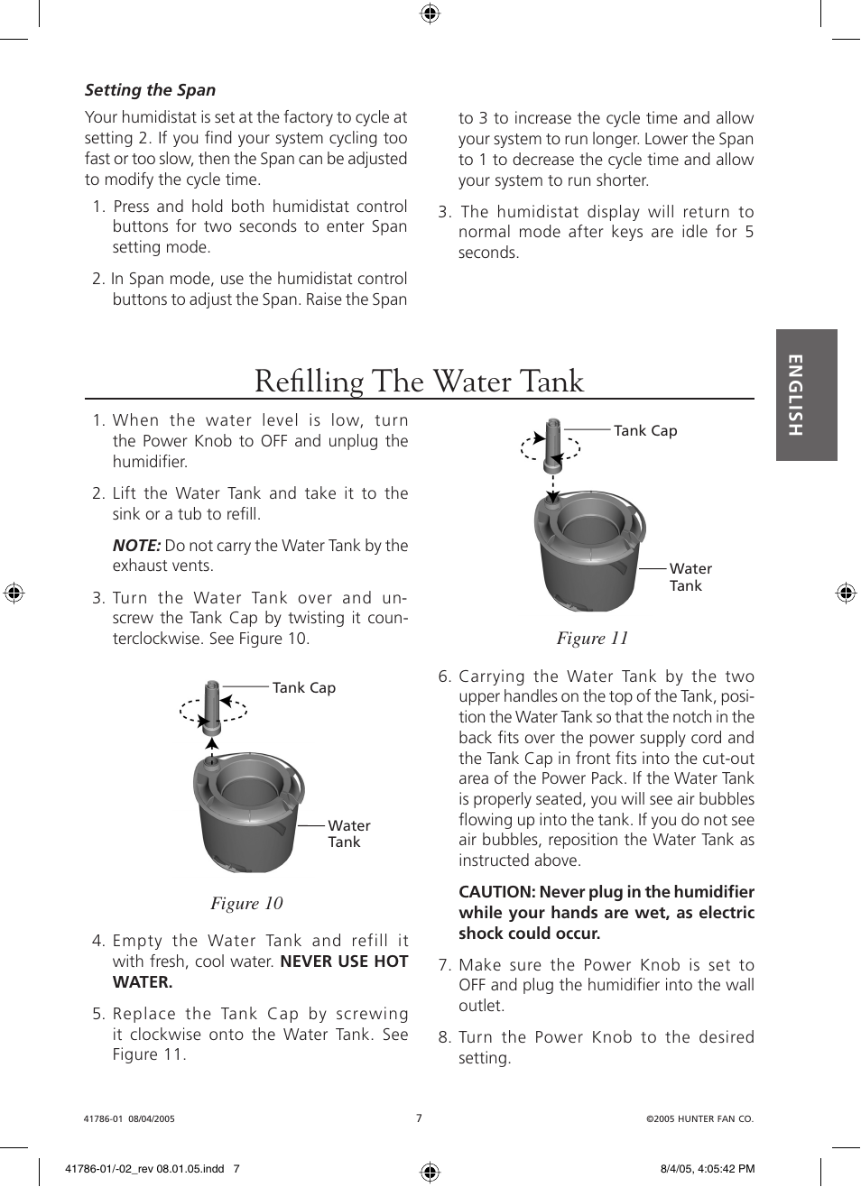 Refi lling the water tank | Hunter Fan 34257 User Manual | Page 7 / 28