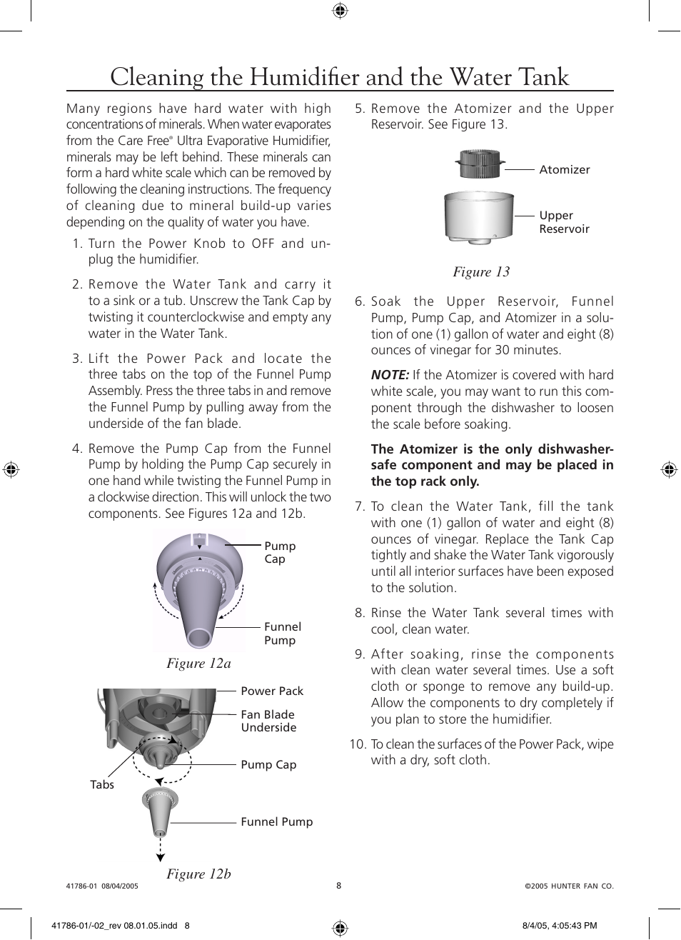 Cleaning the humidifi er and the water tank | Hunter Fan 34257 User Manual | Page 8 / 28