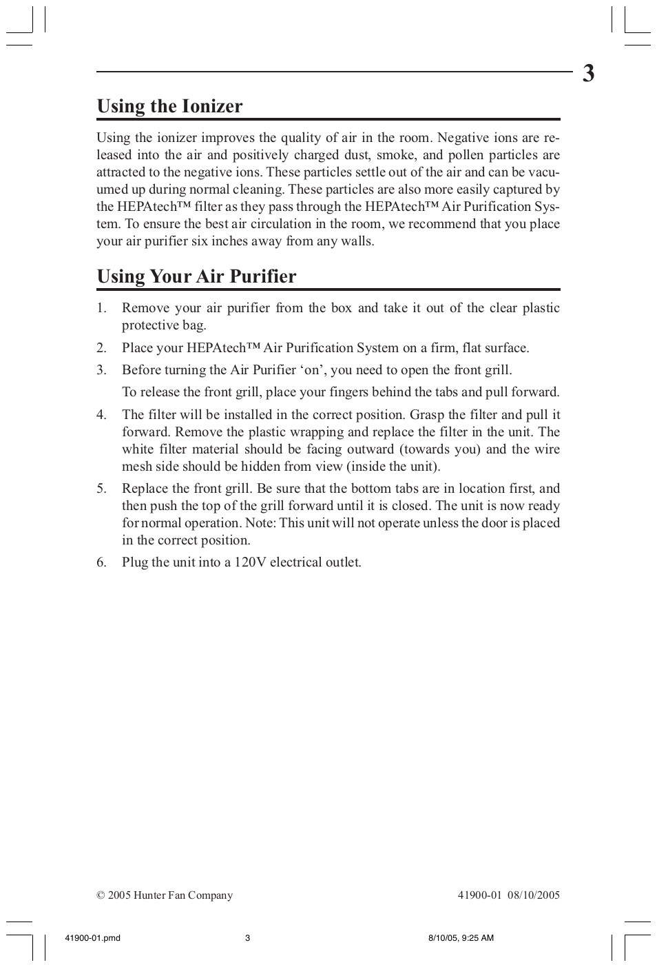 Using the ionizer, Using your air purifier | Hunter Fan 30240 User Manual | Page 3 / 8