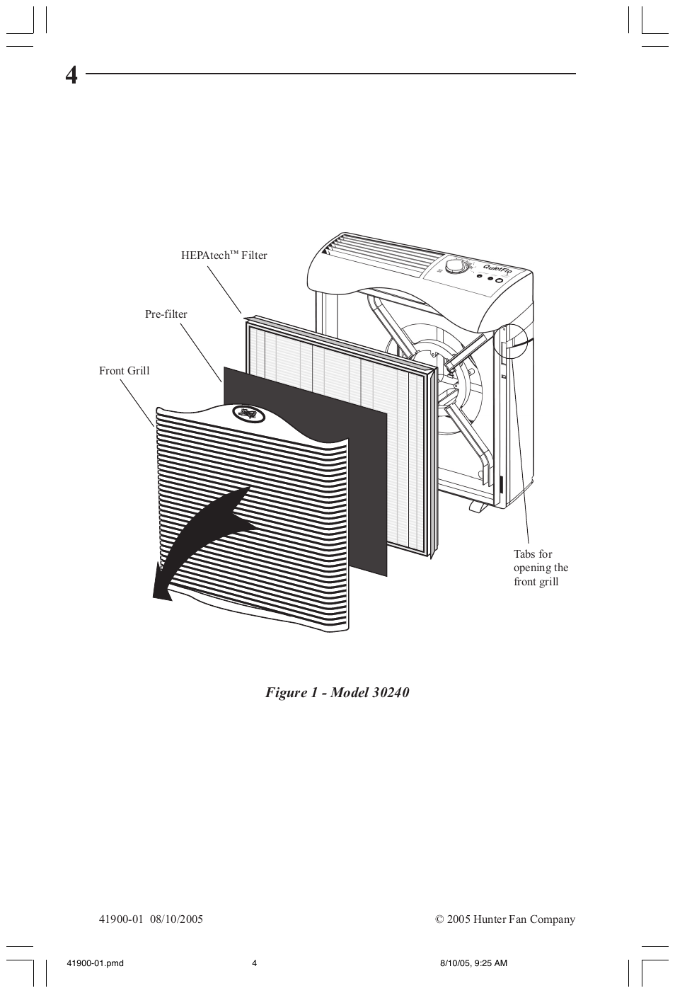 Tabs for opening the front grill, Front grill pre-filter hepatech, Filter | Hunter Fan 30240 User Manual | Page 4 / 8