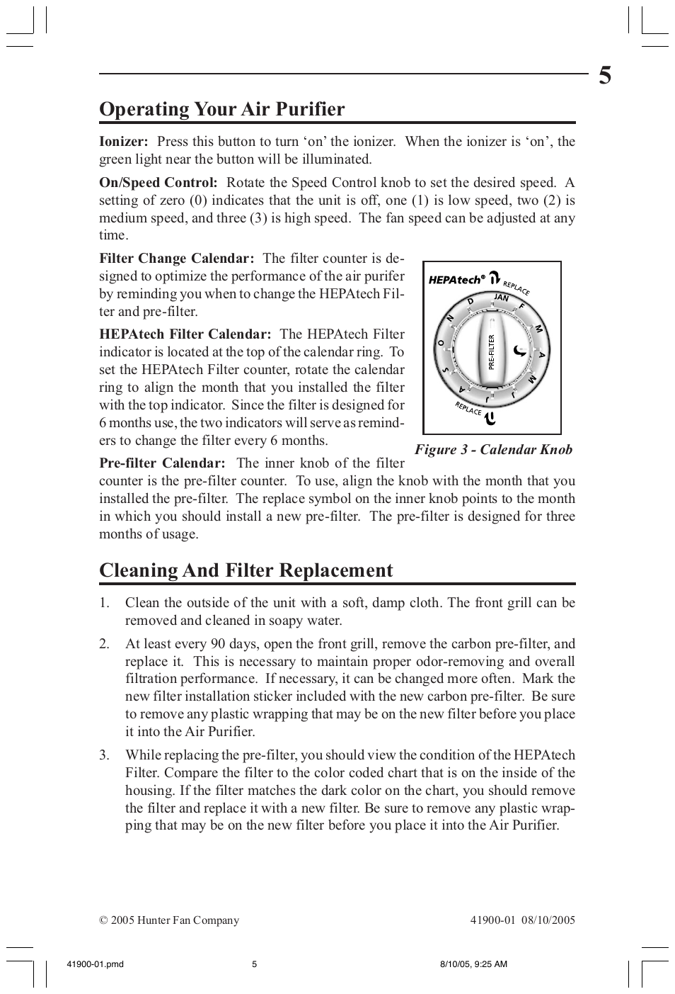 Operating your air purifier, Cleaning and filter replacement | Hunter Fan 30240 User Manual | Page 5 / 8