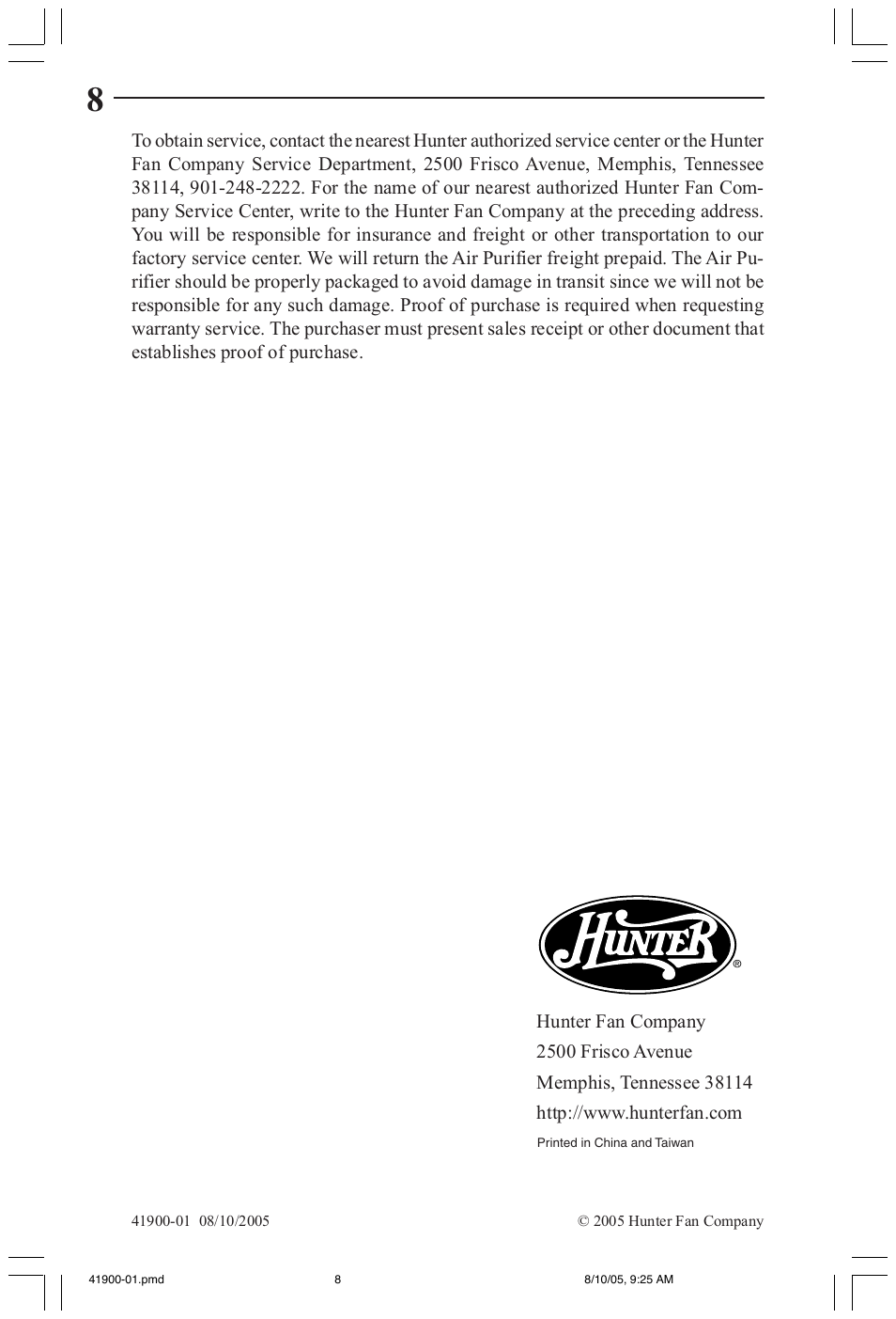 Hunter Fan 30240 User Manual | Page 8 / 8