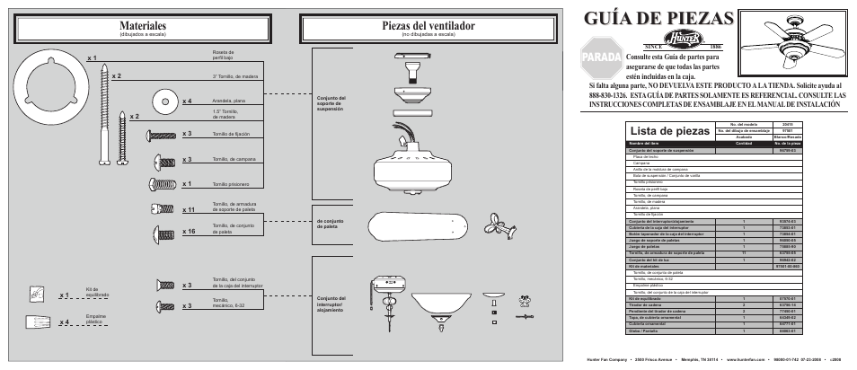 Guía de piezas, Materiales, Piezas del ventilador | Parada, Lista de piezas | Hunter Fan 20415 User Manual | Page 2 / 2