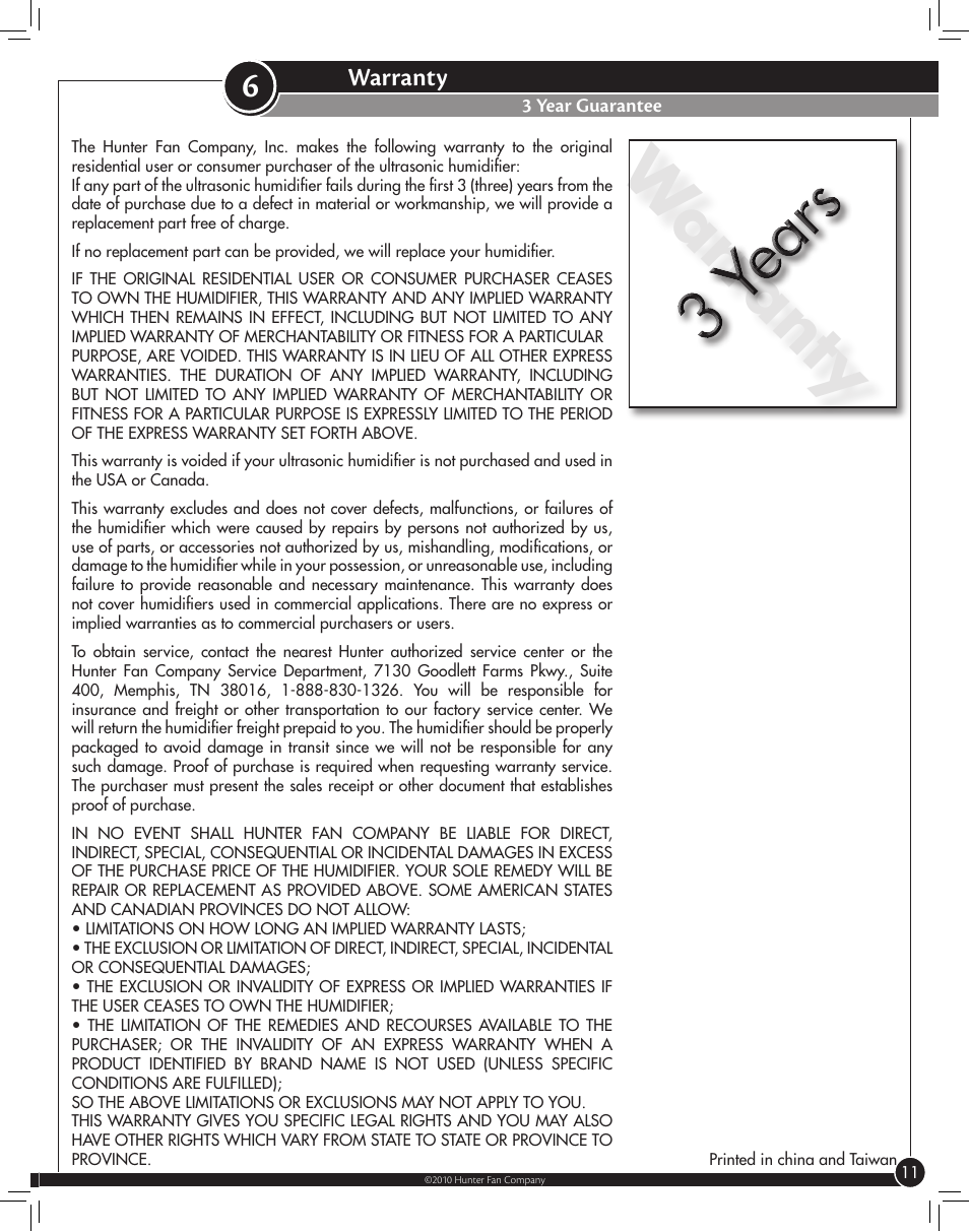 Warranty, 3 year guarantee | Hunter Fan 31006 User Manual | Page 11 / 11