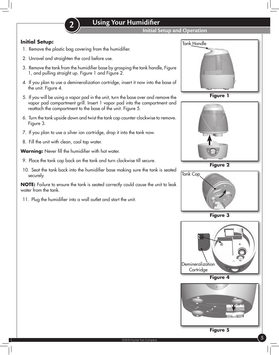 Using your humidifier, Initial setup and operation | Hunter Fan 31006 User Manual | Page 5 / 11