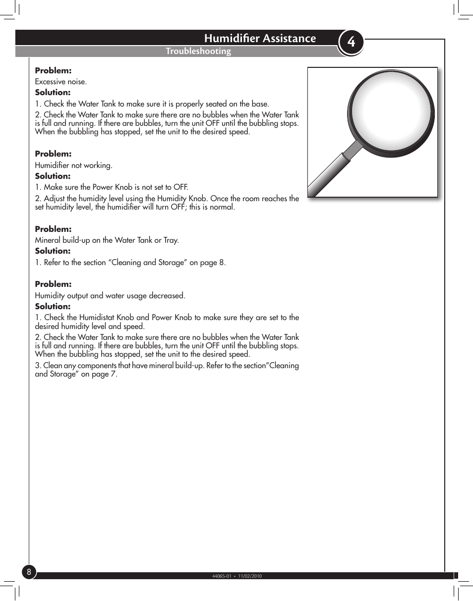 Humidifier assistance, Troubleshooting | Hunter Fan 31006 User Manual | Page 8 / 11