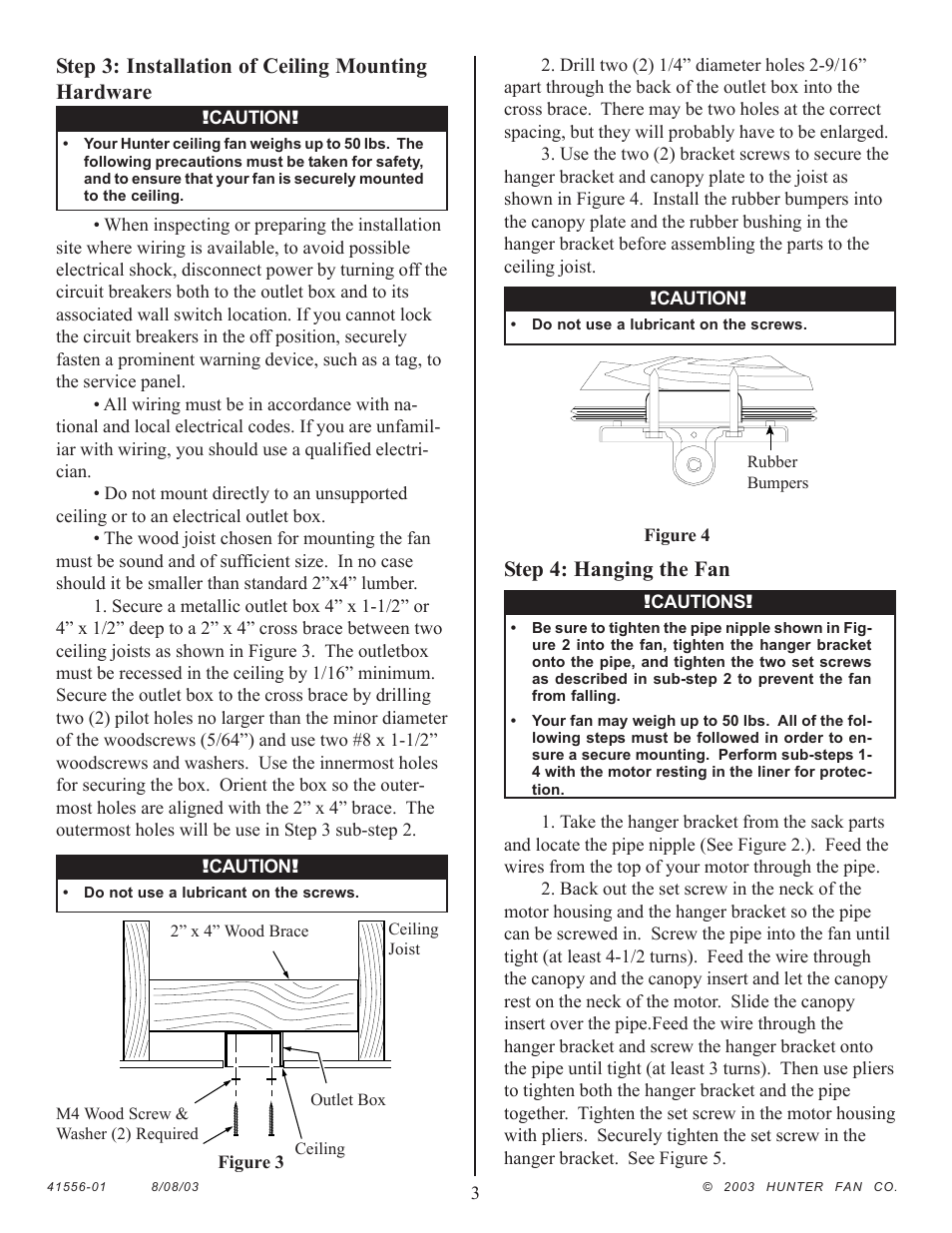 Step 3: installation of ceiling mounting hardware, Step 4: hanging the fan | Hunter 25602 52 Outdoor Original User Manual | Page 3 / 8