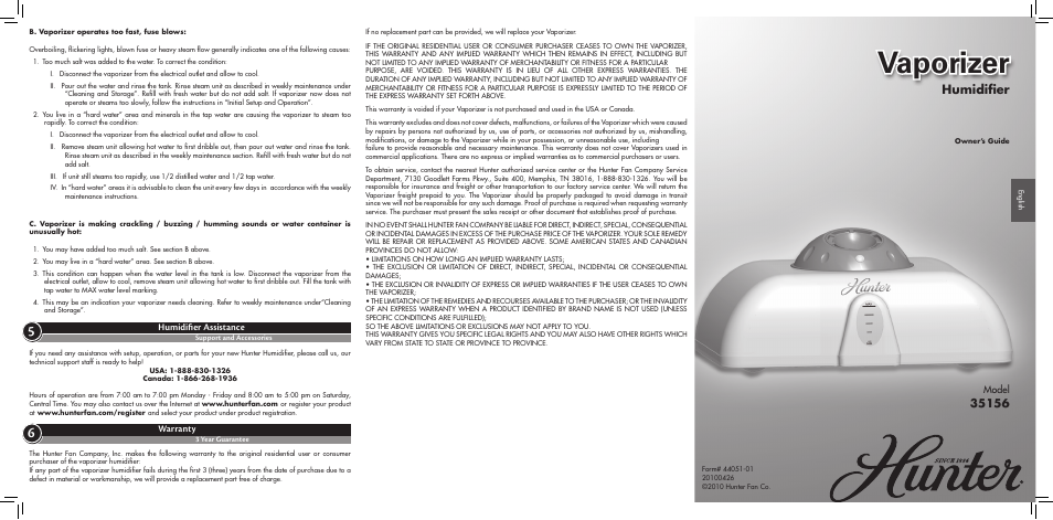Hunter Fan 35156 User Manual | 2 pages