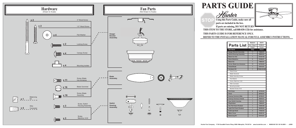 Hunter Fan Ceiling Fan Parts 28419 User Manual | 2 pages