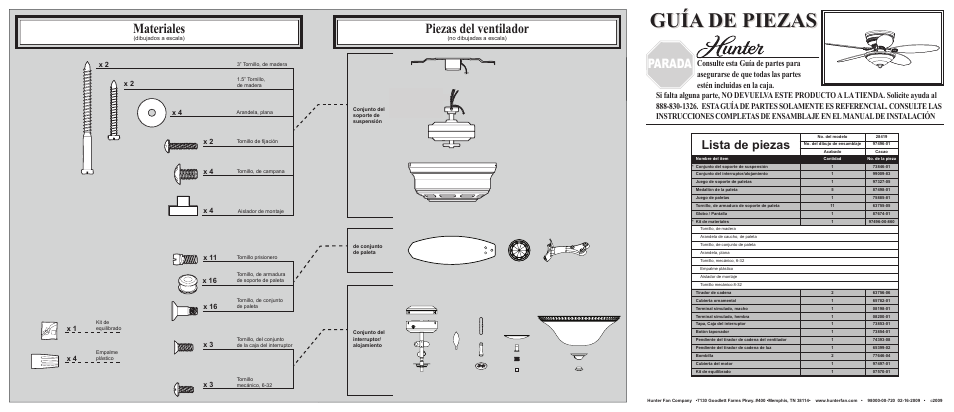 Guía de piezas, Materiales, Piezas del ventilador | Parada, Lista de piezas, X 3 x 1 x 4 | Hunter Fan Ceiling Fan Parts 28419 User Manual | Page 2 / 2