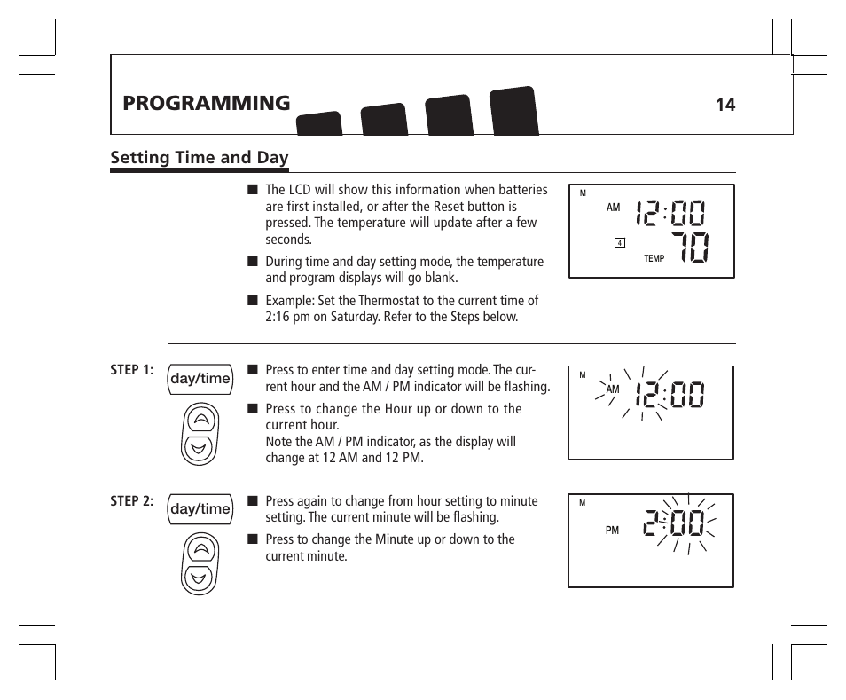 Programming, Setting time and day | Hunter Fan 43355 User Manual | Page 14 / 43